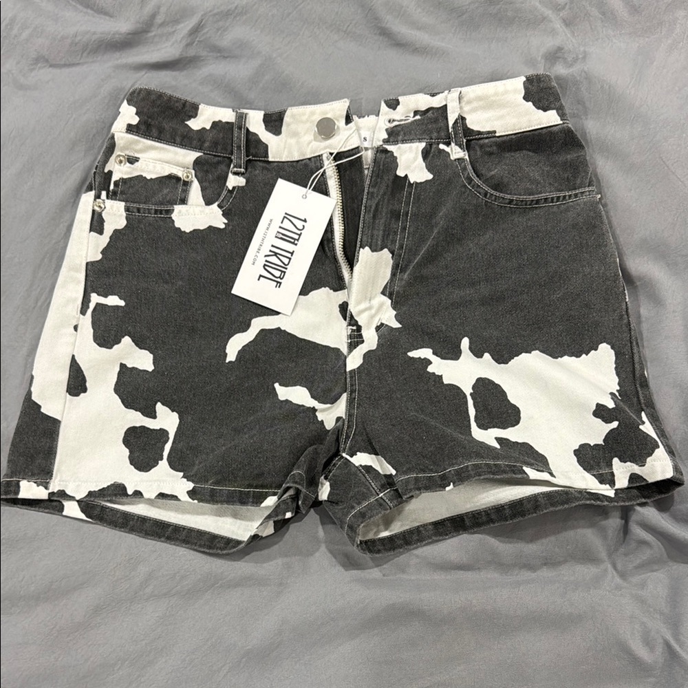 Zara Black and White Cow Print Denim Shorts
